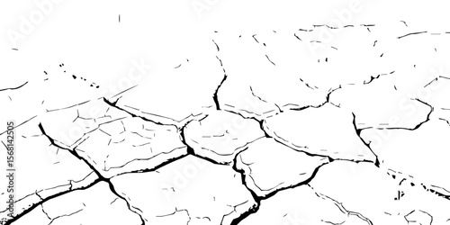 Black and white cracked earth texture, showing dry, broken ground pattern. Ideal for drought, environmental, or natural disaster themes in backgrounds, illustrations, or graphic design.