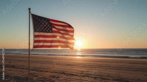 Lonely American Flag on Sandy Beach at Sunrise – National Beach Day Mood