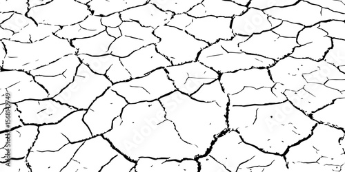 Black and white cracked earth texture, showing dry, broken ground pattern. Ideal for drought, environmental, or natural disaster themes in backgrounds, illustrations, or graphic design.