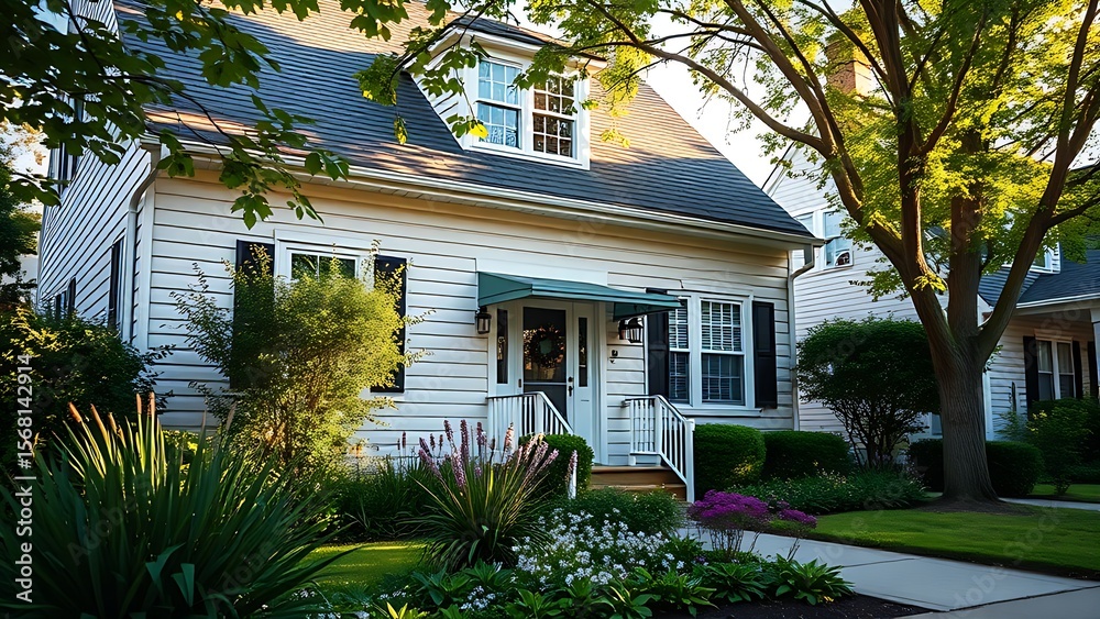 Fototapeta premium Charming suburban home with a well-kept front garden, basking in the warm glow of afternoon sunlight.