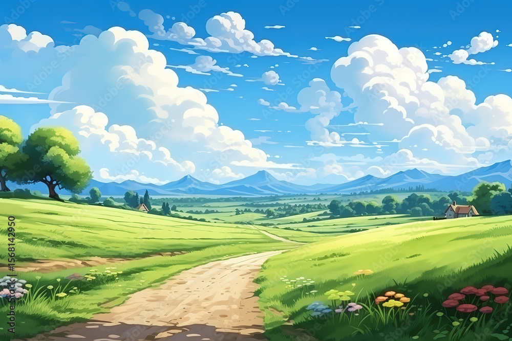 Obraz premium Sunny Summer Landscape with Green Grass and Scenic Roads