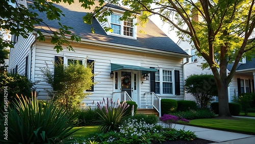 Charming suburban home with a well-kept front garden, basking in the warm glow of afternoon sunlight.