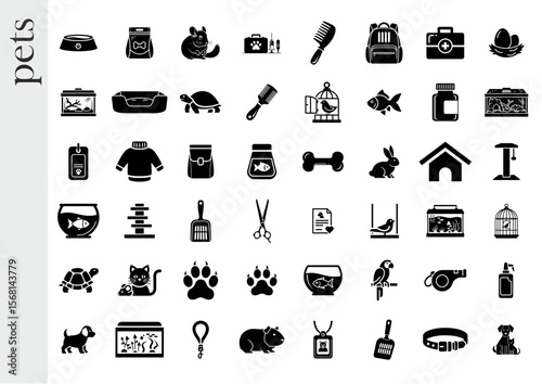 Collection of pet icons in black for animal care and pet ownership themes