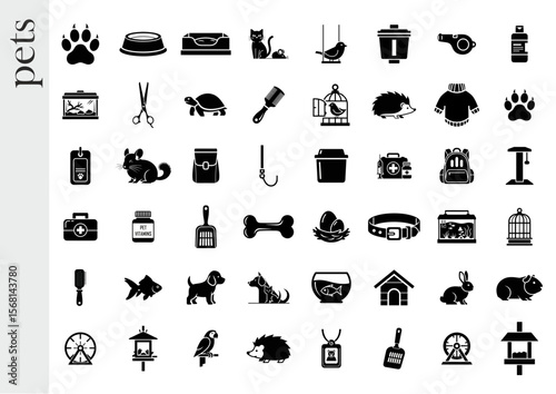 Diverse pet icons in black for animal care and pet ownership themes
