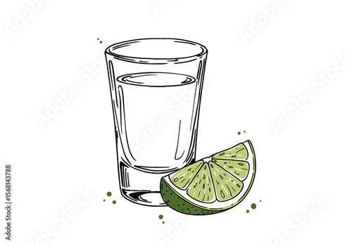 Shot of tequila with lime wedge and green splash for Mexican party