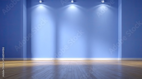 Wallpaper Mural Empty light-filled room with a light-blue wall and wooden floor. Three spotlights illuminate the wall Torontodigital.ca