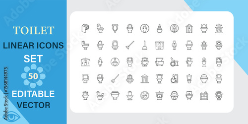 Bathroom and toilet linear icons set. Shower, tub, bathtub and more. Outline vector icon in linear style. Editable stroke. Vector illustration.