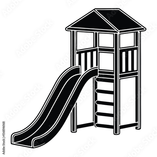 Black playground slide with ladder and roof structure outdoor