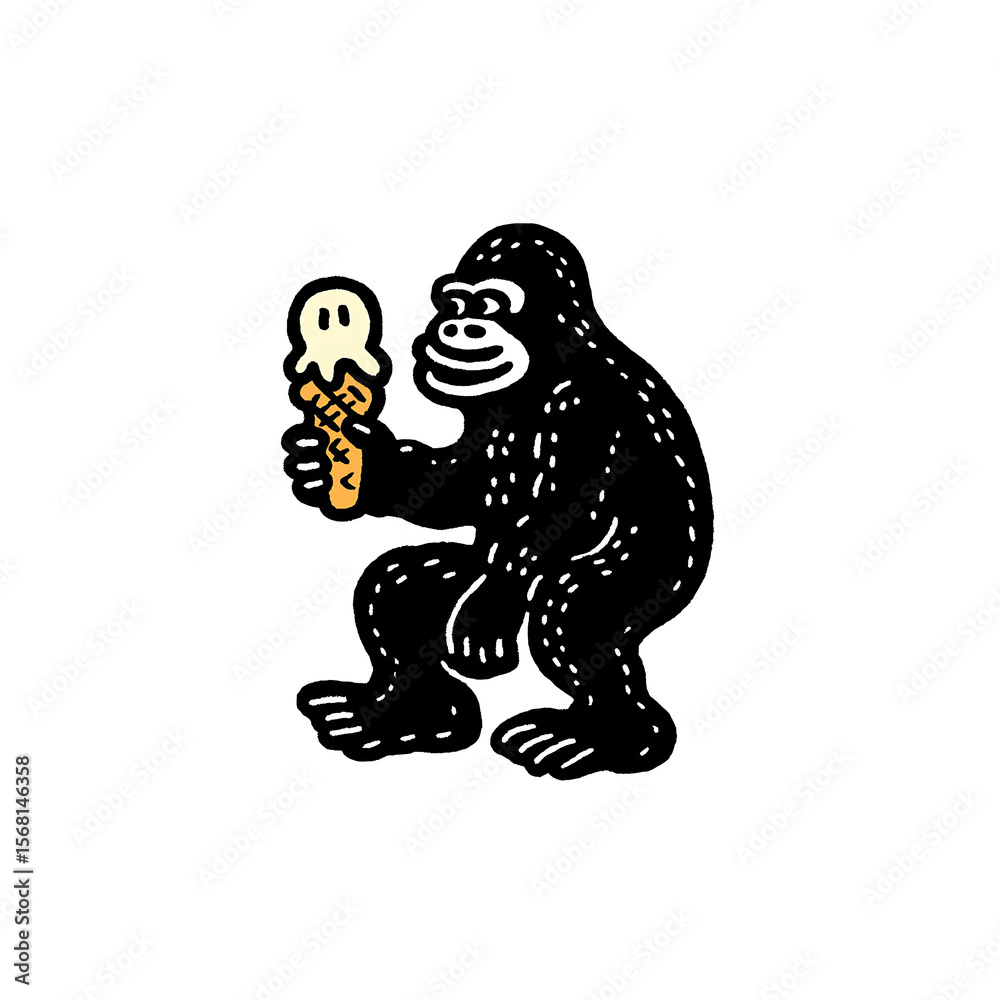 Fototapeta premium Whimsical Gorilla Enjoying Ice Cream Cone: Funny Illustration in Vector Art with Playful Animal Character Design