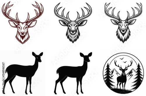Deer head silhouettes and full body illustrations