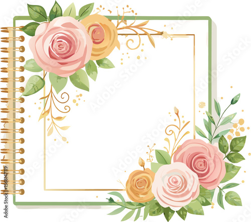 Floral Spiral Notebook Frame with Gold Coil Binding – Vector Illustration