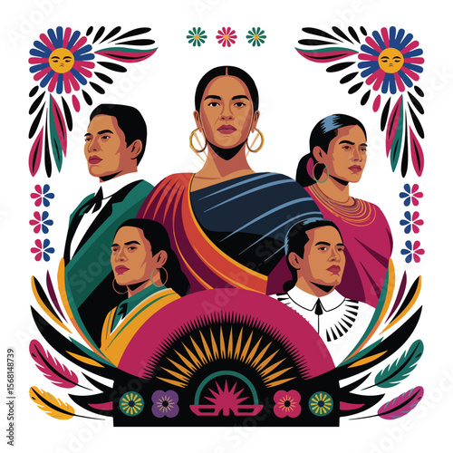 Bold Latin American Cultural Portrait Vector with Historic Figures and Festive Elements
