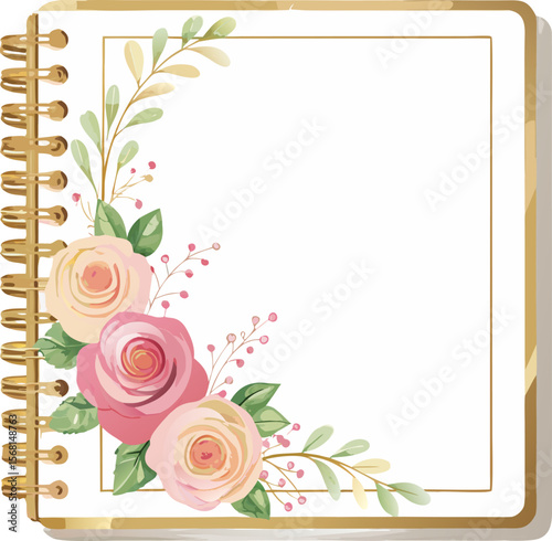 Floral Spiral Notebook Frame with Gold Coil Binding – Vector Illustration