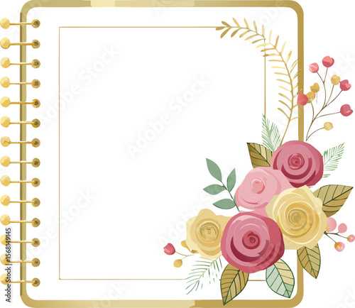 Floral Spiral Notebook Frame with Gold Coil Binding – Vector Illustration
