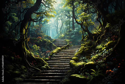 Forest staircase surrounded by wildflowers and tall trees