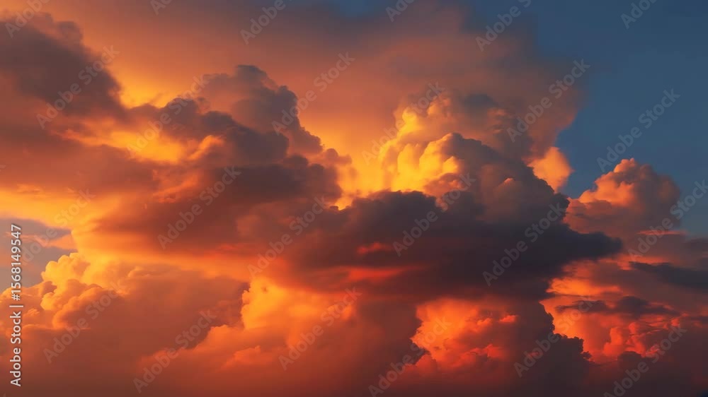 Breathtaking wide shot of voluminous orange and red clouds illuminated by a fiery sunset sky