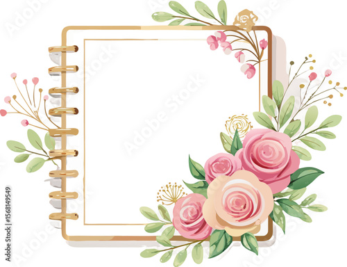 Floral Spiral Notebook Frame with Gold Coil Binding – Vector Illustration
