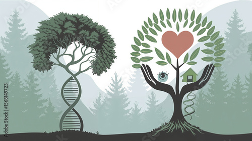 Abstract illustration of trees with heart and DNA design elements  