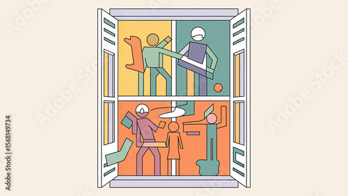 Illustrative scene of people working and relaxing at home  