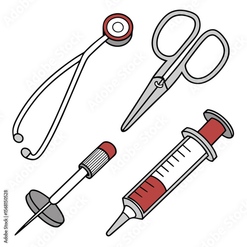 Tools icon set with medical and repair equipment including syringe screwdriver and spanner vector illustration