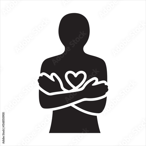 Silhouette of a person embracing themselves with a heart symbol