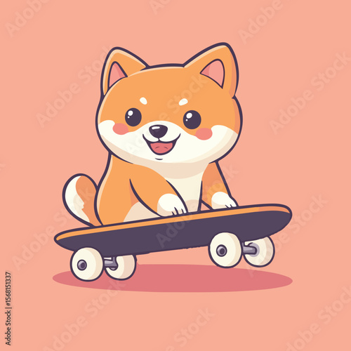 Cute Shiba Inu Cartoon Character Riding a Skateboard on a Pink Background Illustration