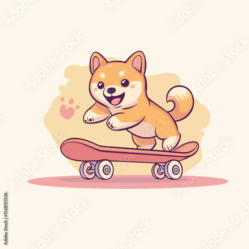 Cartoon Shiba Inu Dog Riding a Skateboard with a Happy Expression and Paw Print