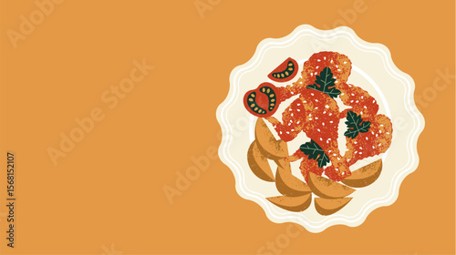 Horizontal composition with a plate of fried chicken and potatoes. 