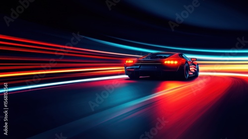 Dynamic view of a sports car speeding through a neon-lit highway at night showcasing vibrant light trails in motion with a focus on speed and excitement