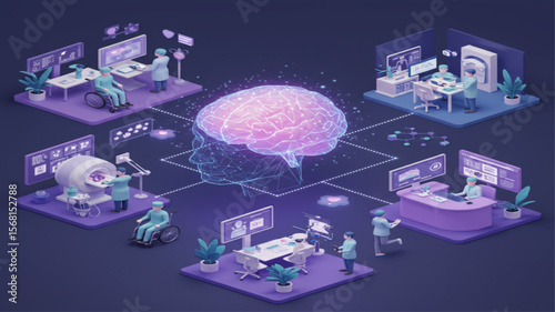 Isometric Illustration of Brain Health, Neurology, and Medical Technology