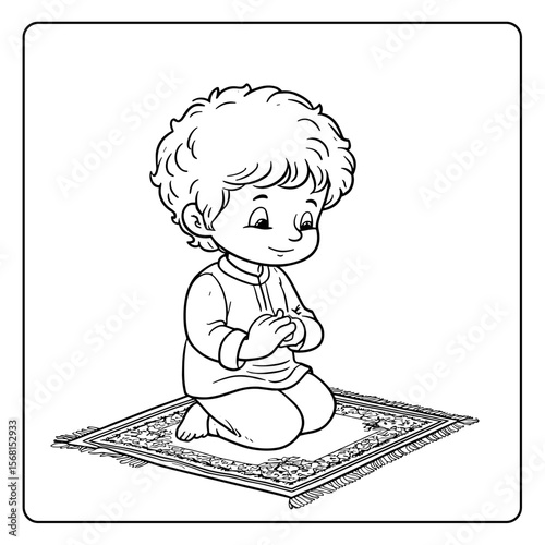 vector drawing of a muslim boy praying on a white background .Generative AI