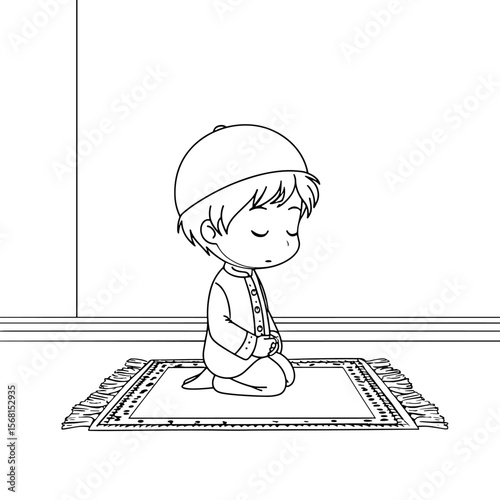 vector drawing of a muslim boy praying on a white background .Generative AI