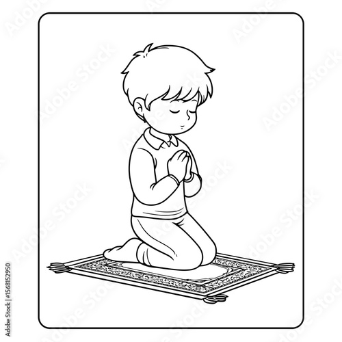 vector drawing of a muslim boy praying on a white background .Generative AI