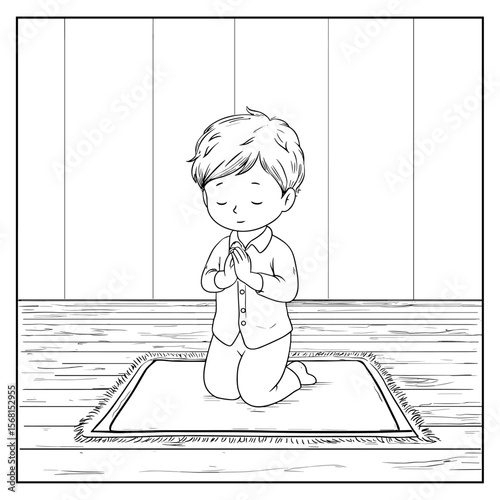 vector drawing of a muslim boy praying on a white background .Generative AI