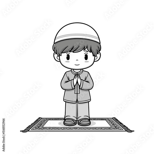 vector drawing of a muslim boy praying on a white background .Generative AI