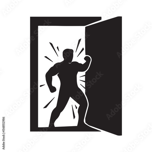 Strong silhouette man knocks forcefully on open yellow doorway