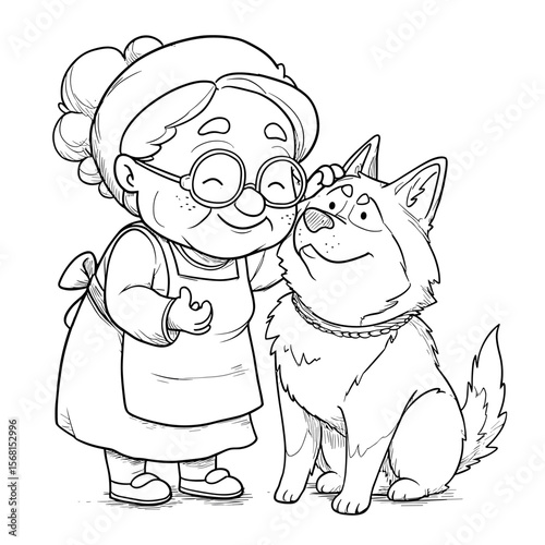 vector drawing of a grandmother with a dog on a white background .Generative AI