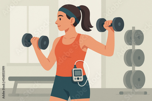 Sporty Young Woman with Insulin Pump Lifting Dumbbells in Modern Gym Vector Illustration