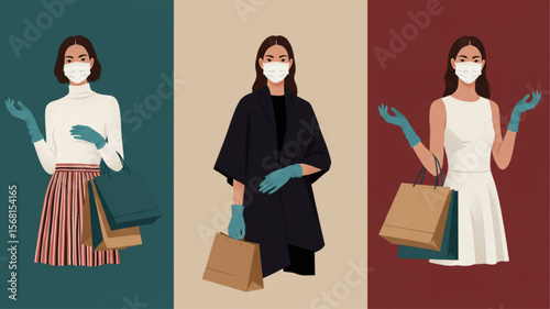 Women shopping safely during pandemic, wearing face masks and gloves, holding paper bags. New normal retail.