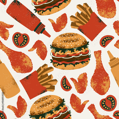 Fast food seamless pattern. Burger with French fries and chicken parts with tomato and ketchup. 