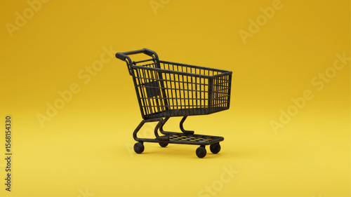 Minimalist Black Shopping Cart on Yellow Background. E-commerce and Retail Concept.