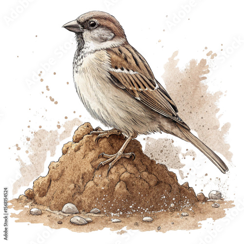 sparrow in a water clay on white background