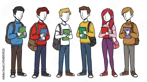Group of diverse cartoon students holding books and backpacks, standing together, studying and learning concept illustration
