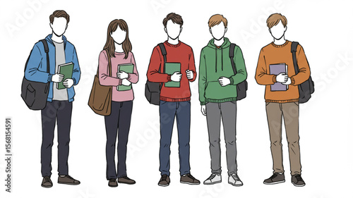 Diverse group of students standing, holding books, with bags, college illustration