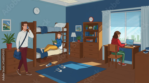 Illustration of Students in a College Dorm Room Studying, Talking, and Relaxing
