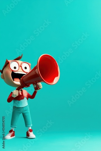 Young child enthusiastically shouting through a bright red megaphone against a vibrant turquoise background during a playful moment
