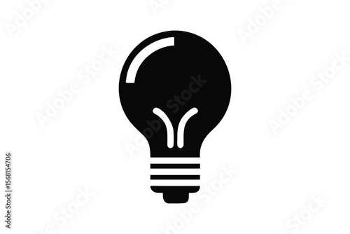 Simple black silhouette of a classic incandescent light bulb with a visible filament on a clean white background representing ideas and innovation