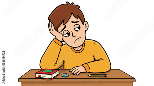 Bored Tired Student Boy Sitting at Desk with Book and Pencil Illustration