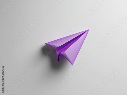 A single, vibrant purple paper airplane against a plain, light gray background