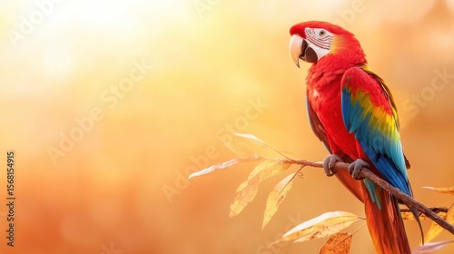 Colorful parrot perched on branch against warm golden background in a tropical forest during sunset